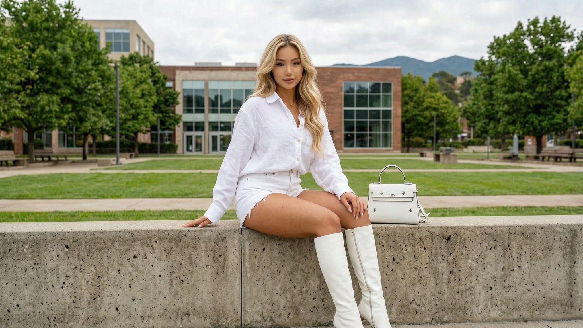 Maya Lux wearing white in a green urban courtyard