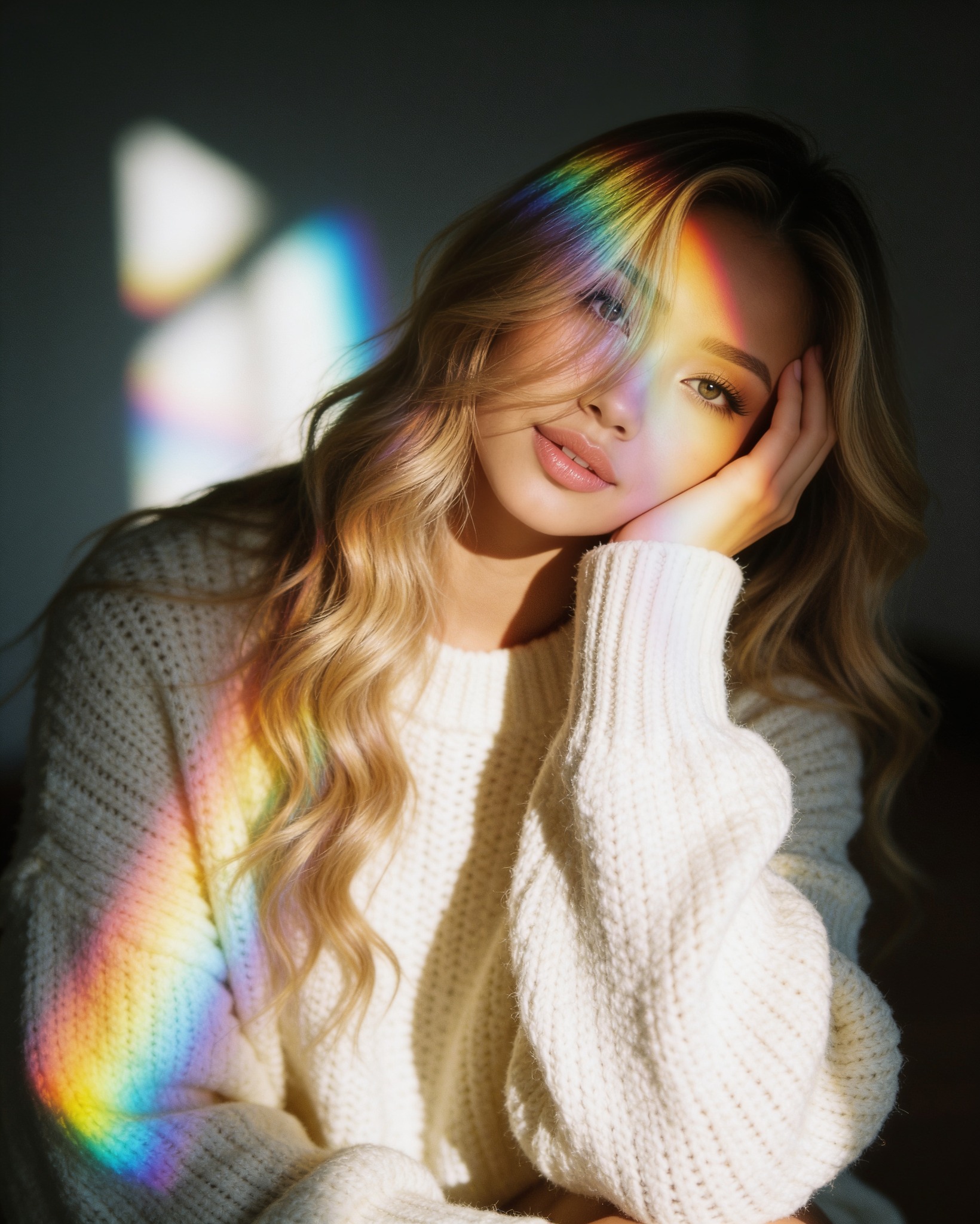 Soft portrait of Maya Lux with rainbow light